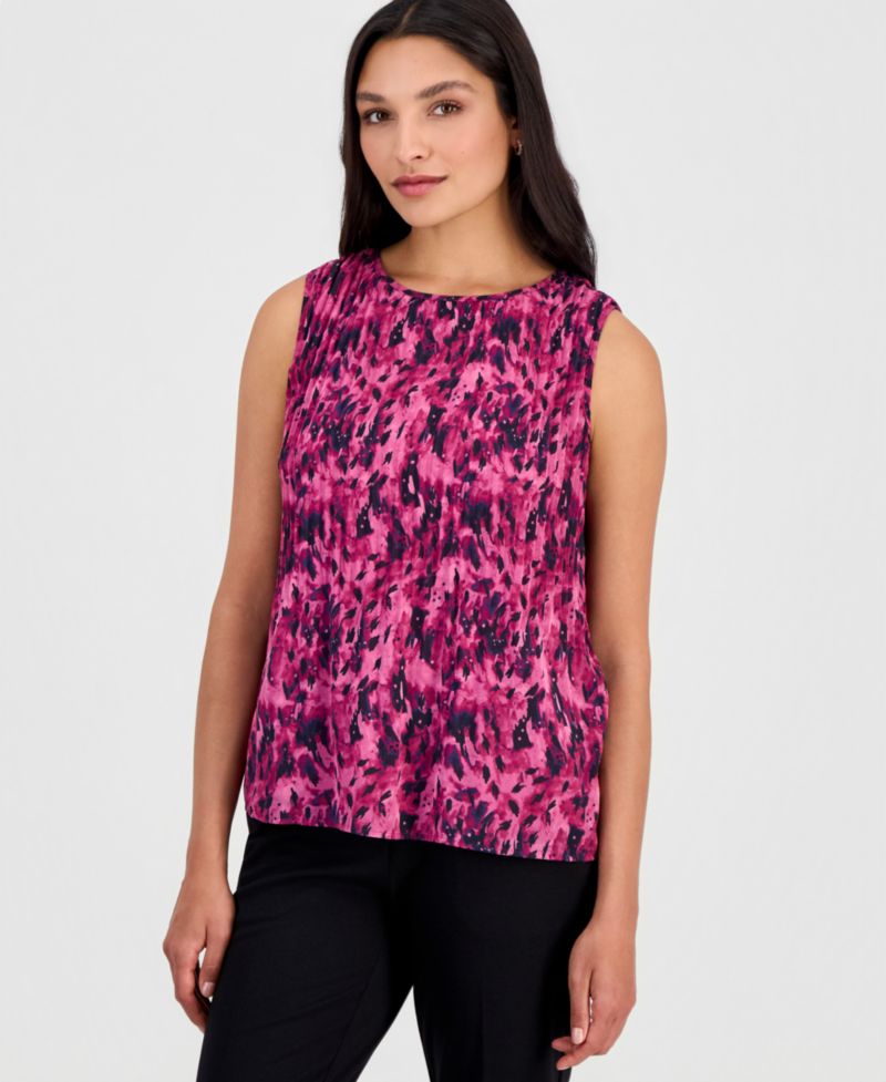 Women's Printed Crewneck Sleeveless Pleated Blouse