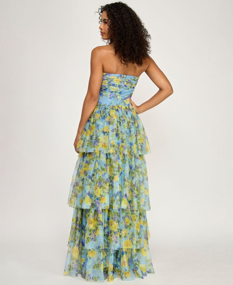 Juniors' Strapless Sweetheart Neck Floral Ball Gown