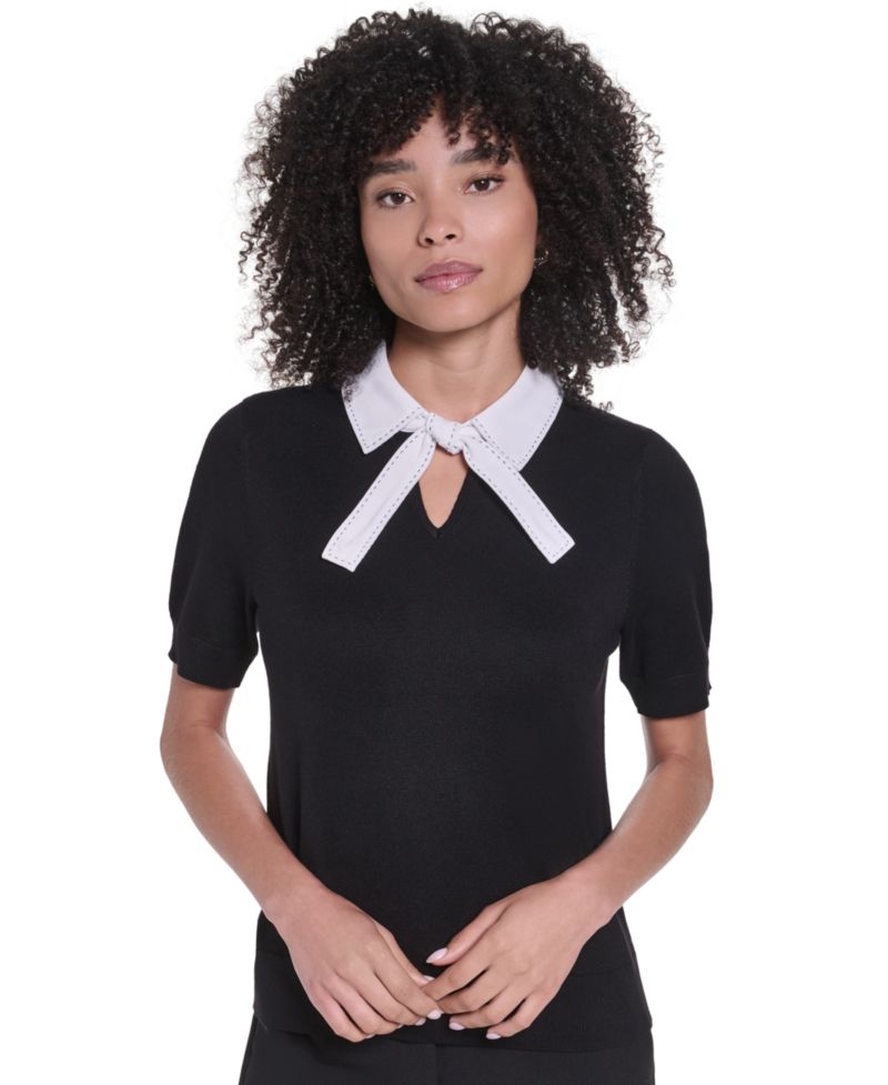 Women's Short-Sleeve Collared Keyhole Sweater