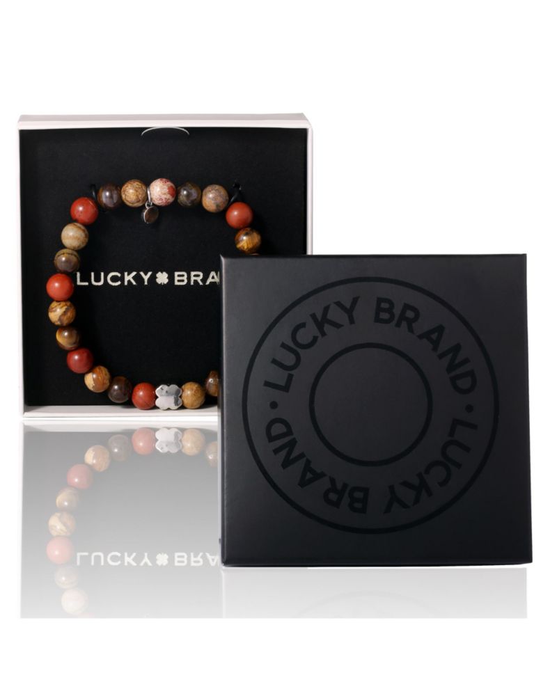 Red Jasper Mens Bracelet, Stretch Beaded Bracelet for Men with Clover Logo and Jasper Beads