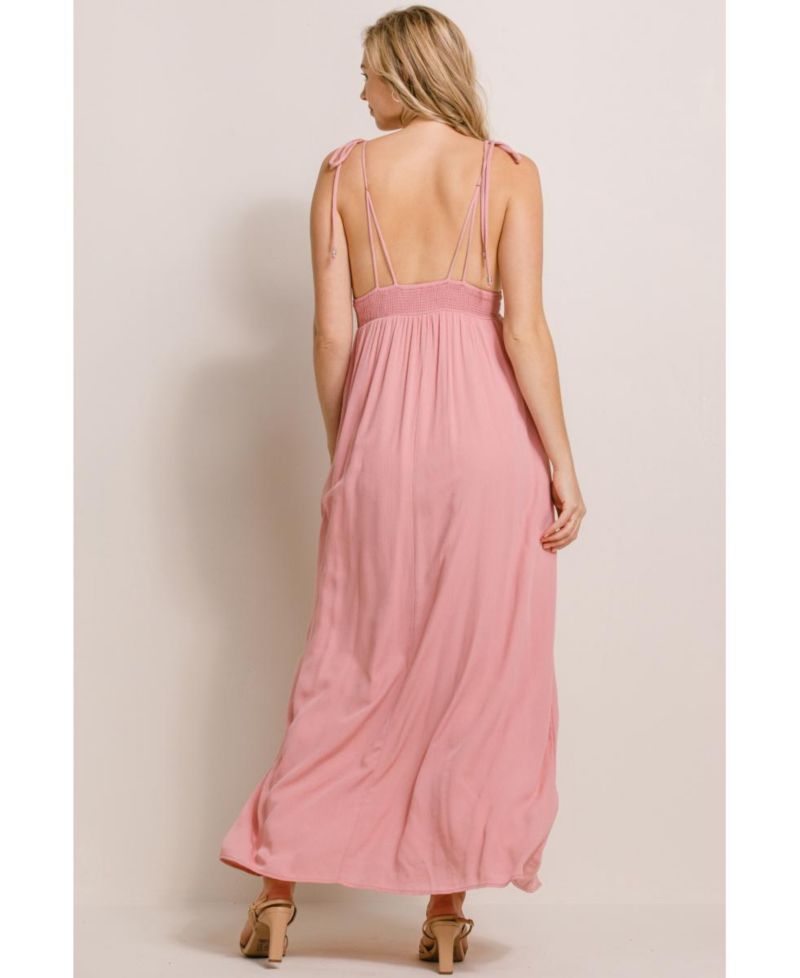 Women's V-Neck Tie Strap Empire Waist Maxi Dress with Pockets