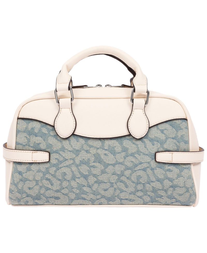 Brooks Leopard Denim Belted Satchel with Horseshoe Charm and Detachable Crossbody Strap