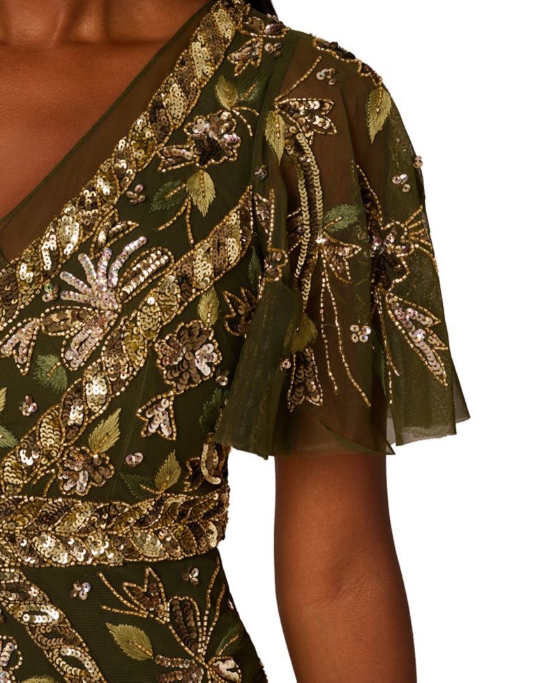 Women's V-Neck Embellished Flutter-Sleeve Dress
