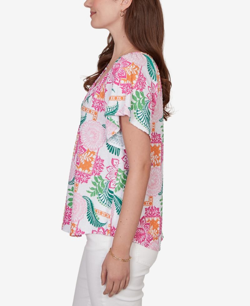 Petite Tropical Floral Eyelet Flutter Sleeve T-Shirt