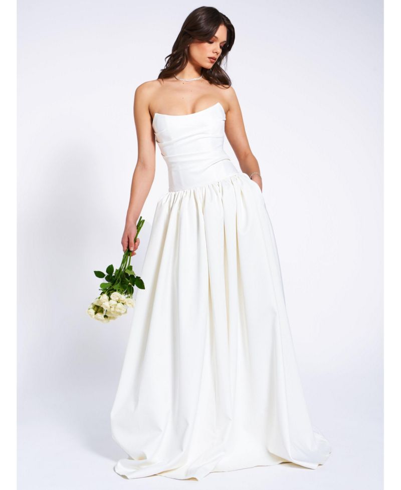 Women's Umay White Drop Waist Satin Corset Bridal Gown