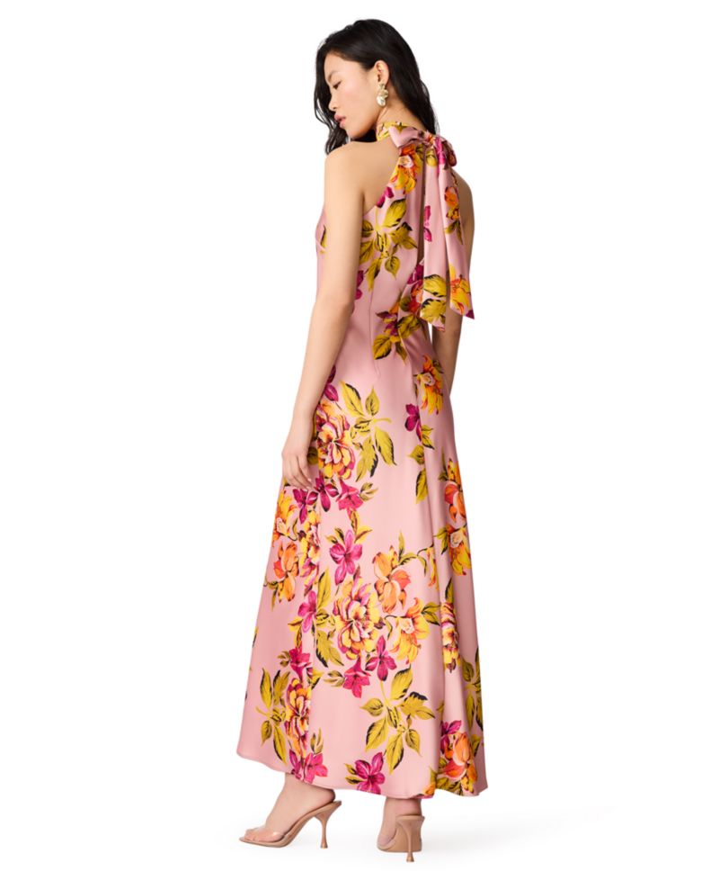 Juniors' Floral-Print Satin Halter Wedding-Guest Dress