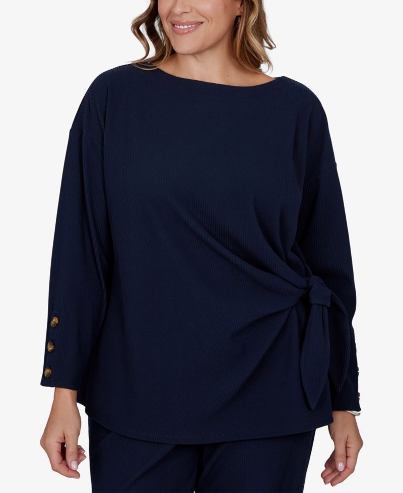 Plus Size Boat-Neck Long-Sleeve Side-Tie Top