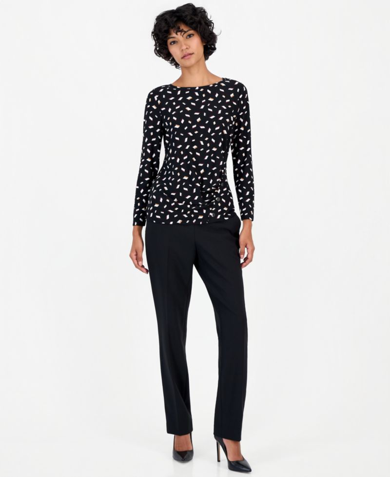 Women's Petite Long-Sleeve Ruched Rivet-Detail Blouse