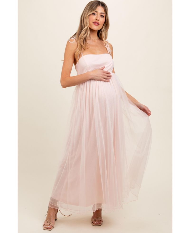 Women's Light Pink Square Neck Shoulder Tie Tulle Maxi Dress