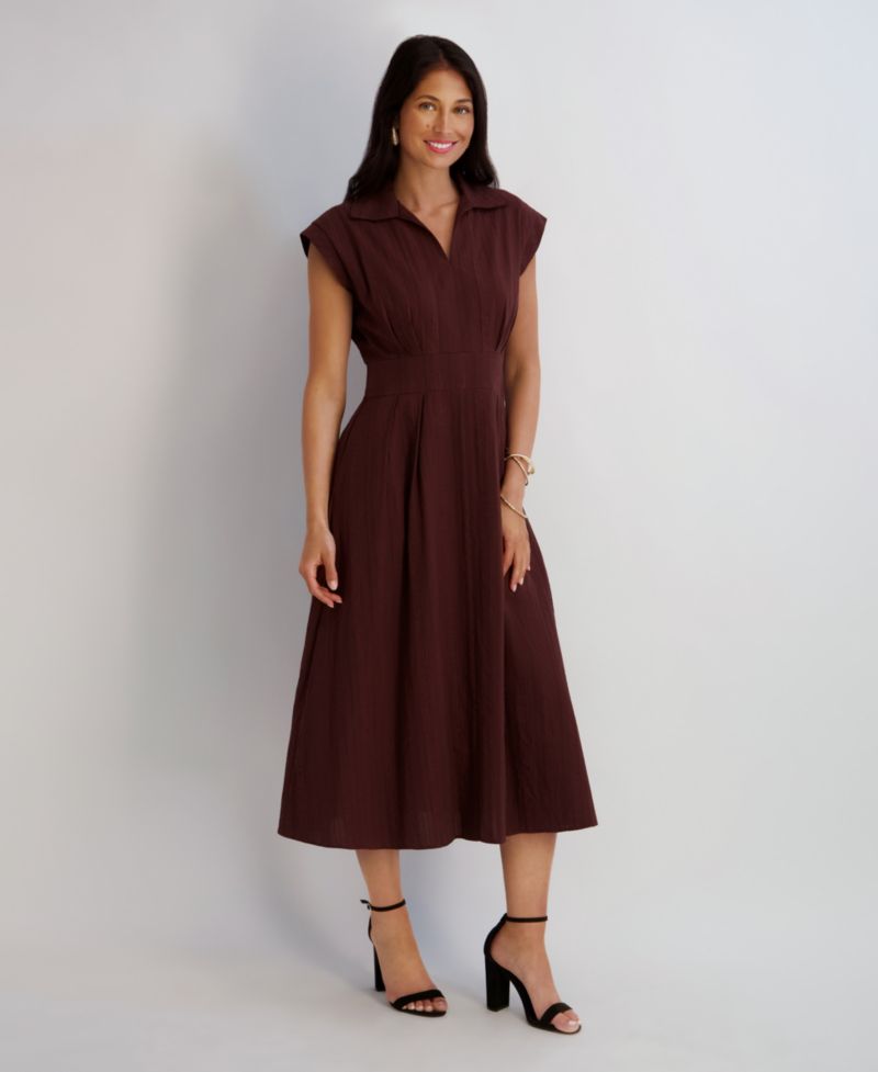 Women's Textured Stripe Midi Collared Shirt Dress