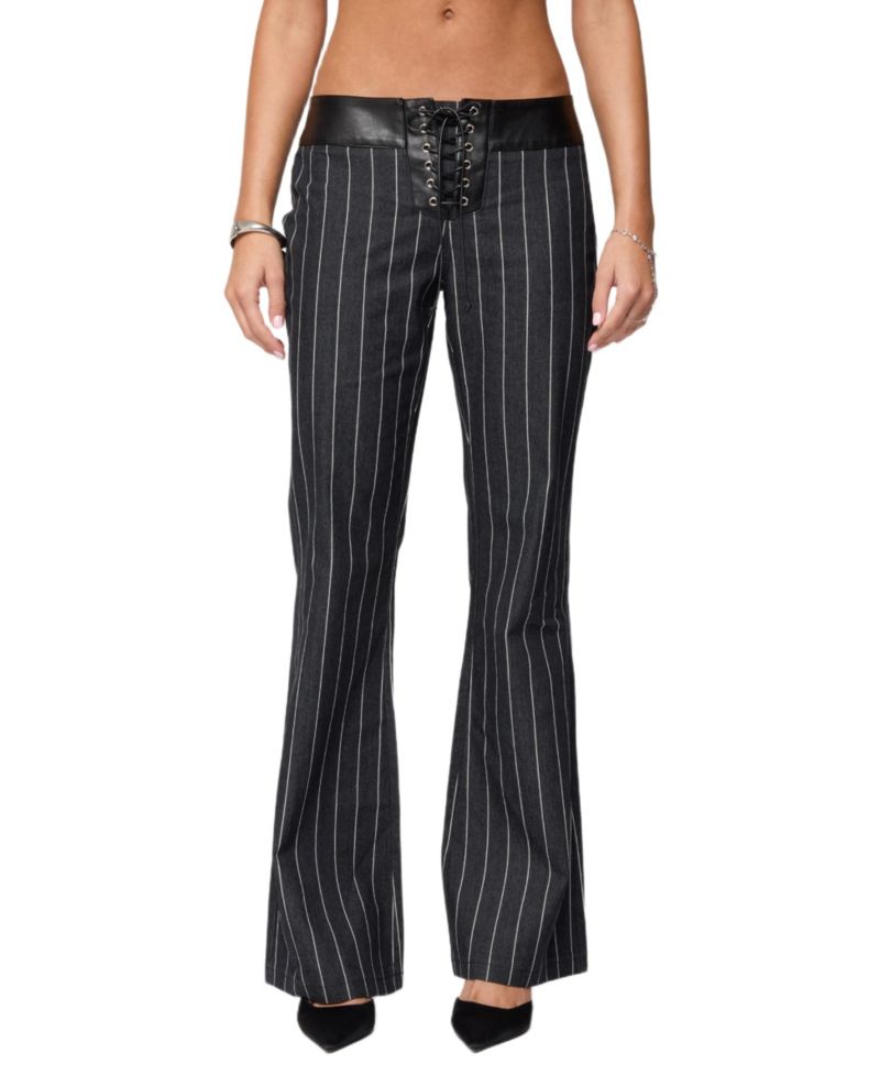 Women's Pinstripe and Faux Leather Low Rise Flared Jeans