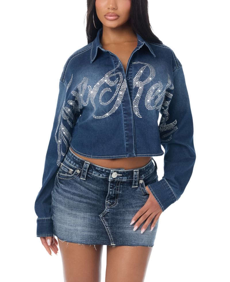 Women's Long-Sleeve Crop Crystal Denim Shirt