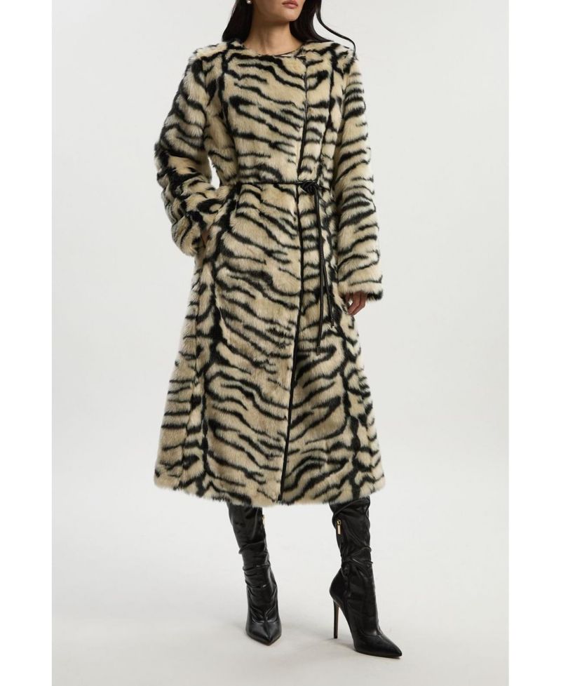 Women's Faux Fur Collarless Tie Belted Midi Coat