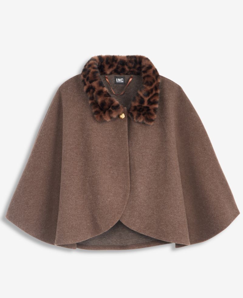 Women's Solid Faux-Fur Animal-Print-Collar Cropped Cape