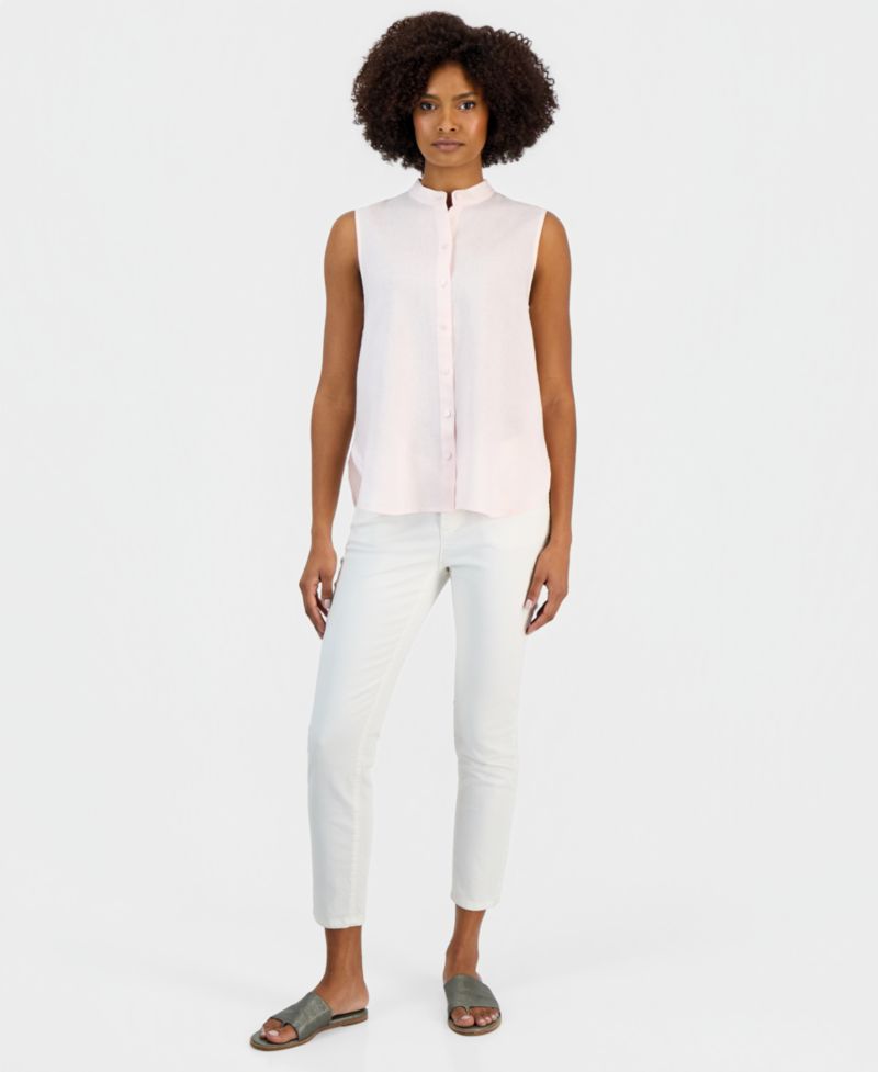 Women's Linen Sleeveless Band-Collar Shirt