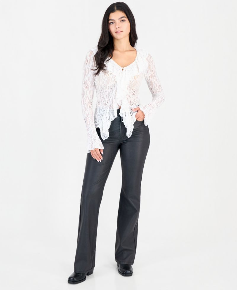 Women's Laney Sheer Ruffled V-Neck Cardigan Sweater