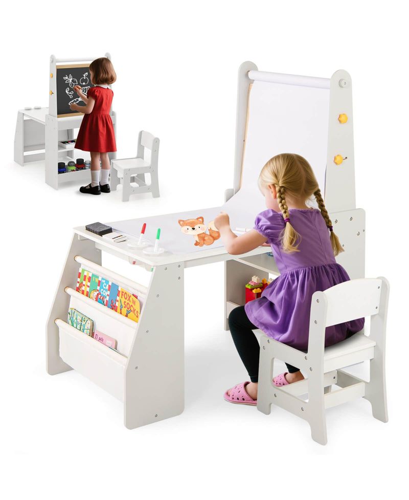 Kids Art Table and Chair Set with Easel Whiteboard Chalkboard Paper