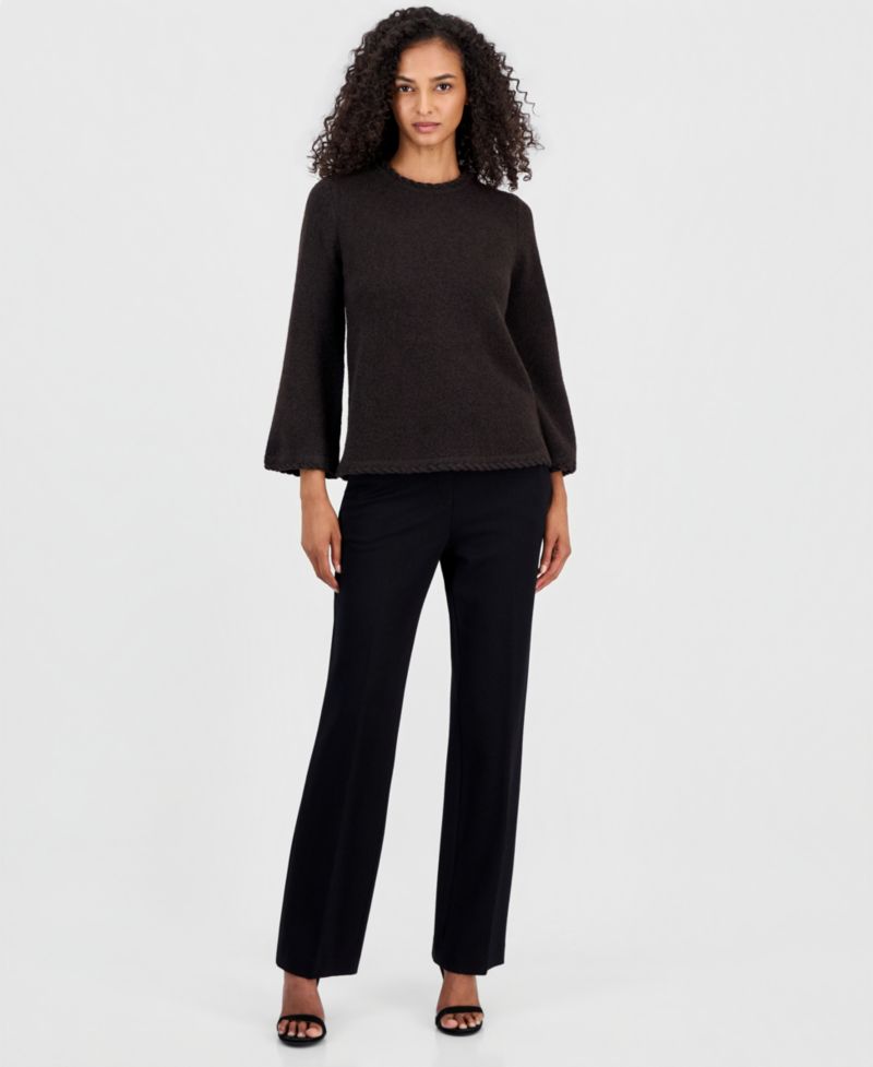 Petite Braided-Trim Long-Bell-Sleeve Sweater