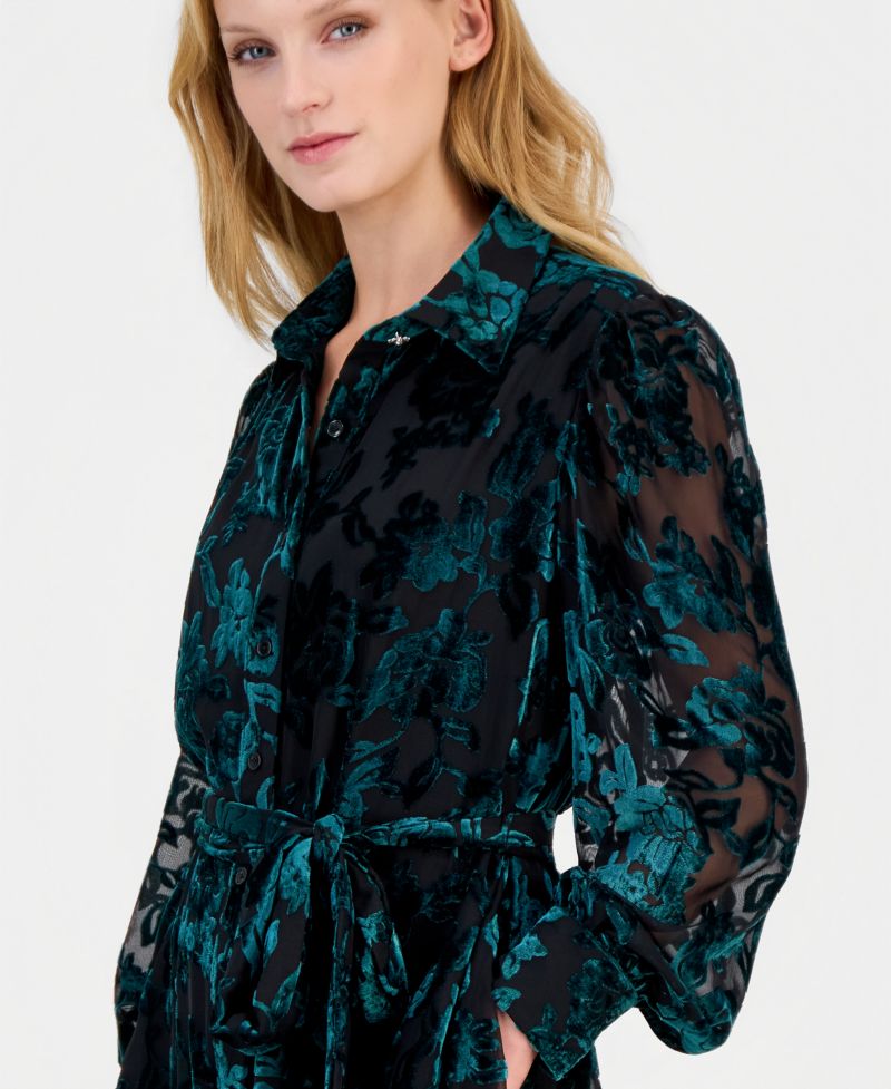 Women's Tiered Velvet-Burnout Floral Shirt Dress