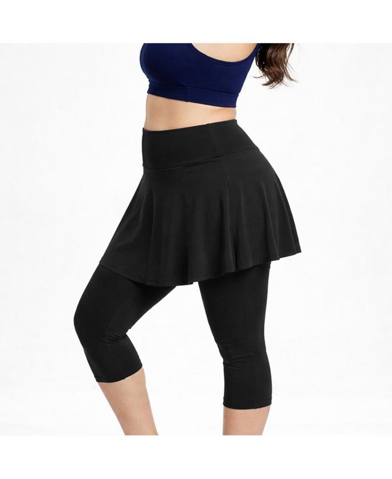 Plus Size Chlorine Resistant High Waisted Flared Swim Skort With Attached Capri Leggings