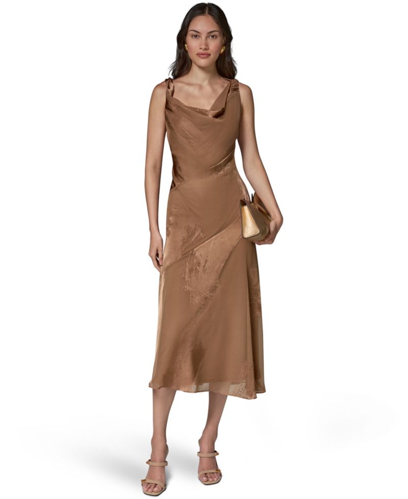 Women's Satin Burnout Asymmetrical Neck Midi Dress