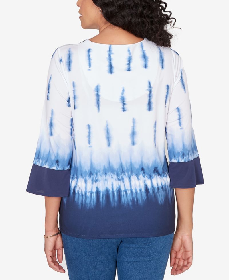 Petite Classic Tie Dye Border Split Neck Top