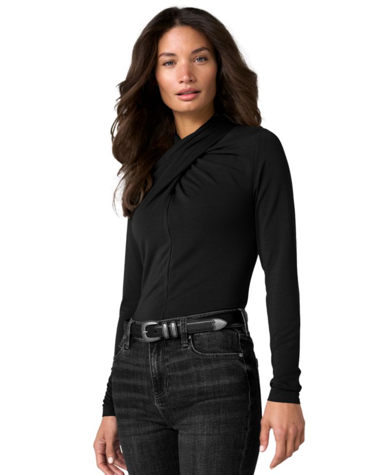 Petite Long-Sleeve Wrap-Neck Jersey-Knit Blouse