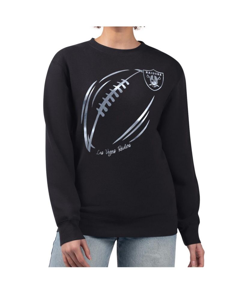 Women's Black/Silver Las Vegas Raiders Metallic Print Football Sketch Fleece Crewneck Sweatshirt