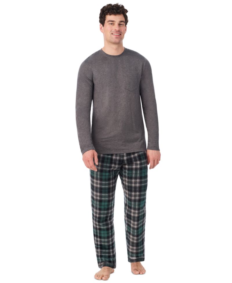 Men's Cabin Fleece Long-Sleeve Crewneck Pajama Top and Fleece Pants, 2-Piece Set