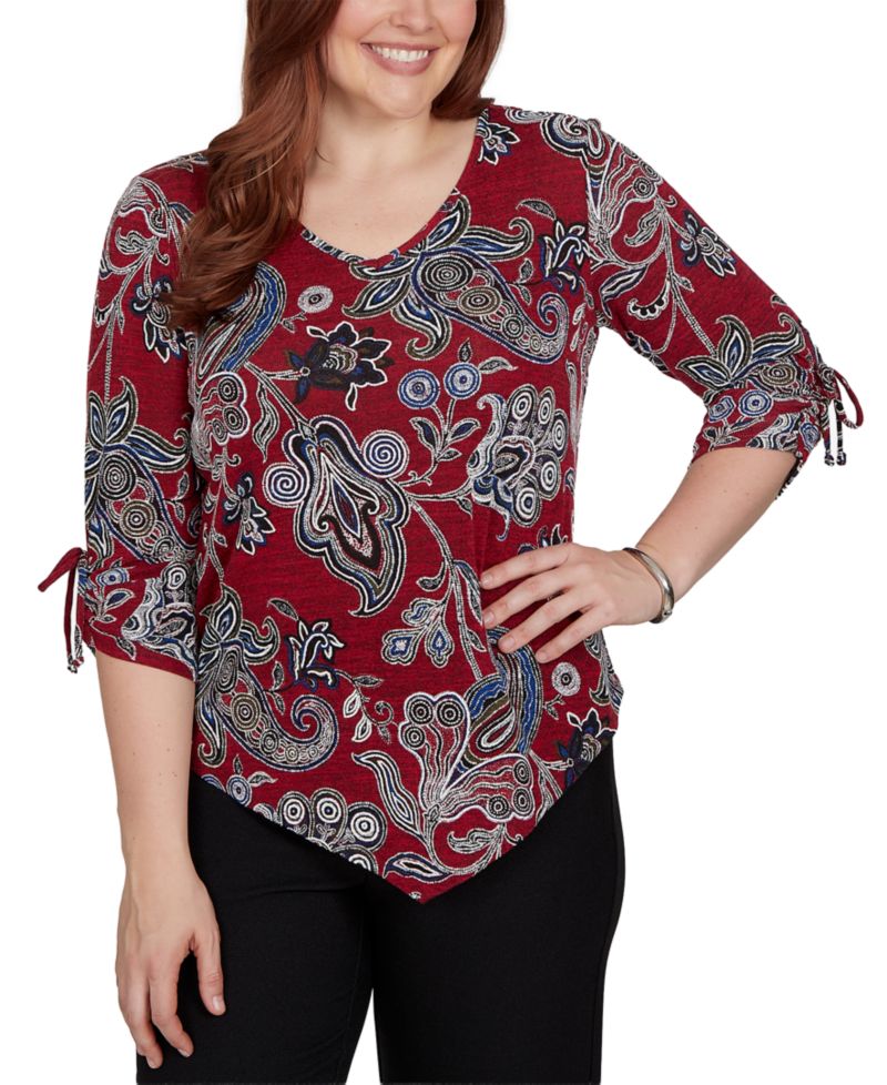 Women's Knit Paisley V-Neck 3/4-Sleeve Top