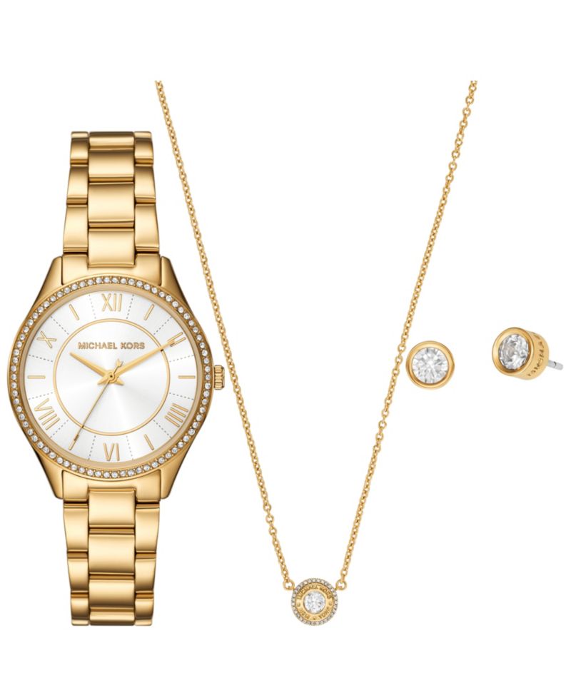 Women's Lauryn Three-Hand Gold-Tone Stainless Steel Watch, Earrings and Necklace Gift Set 33mm