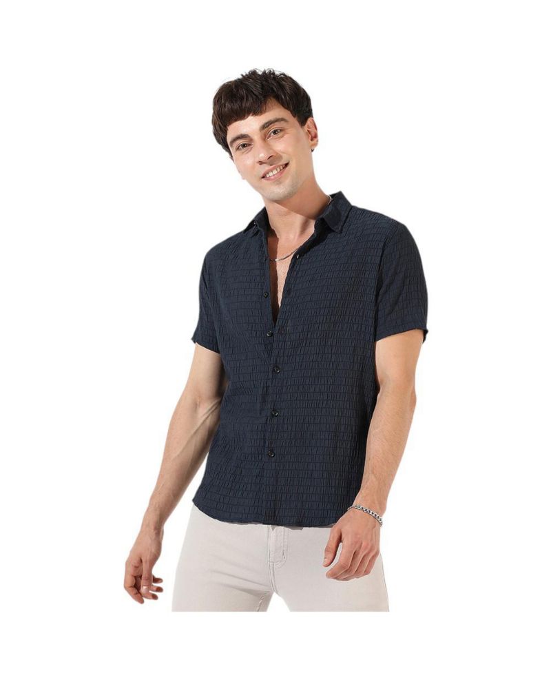 Men's Black Textured Regular Fit Casual Shirt