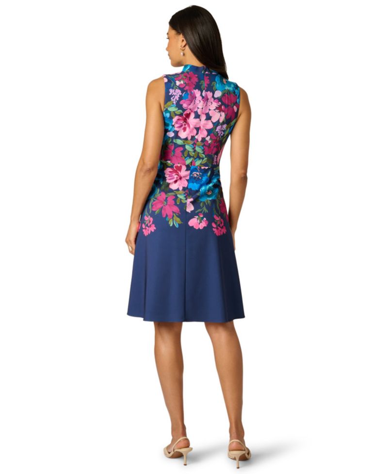 Women's Border Floral Collar Midi Dress
