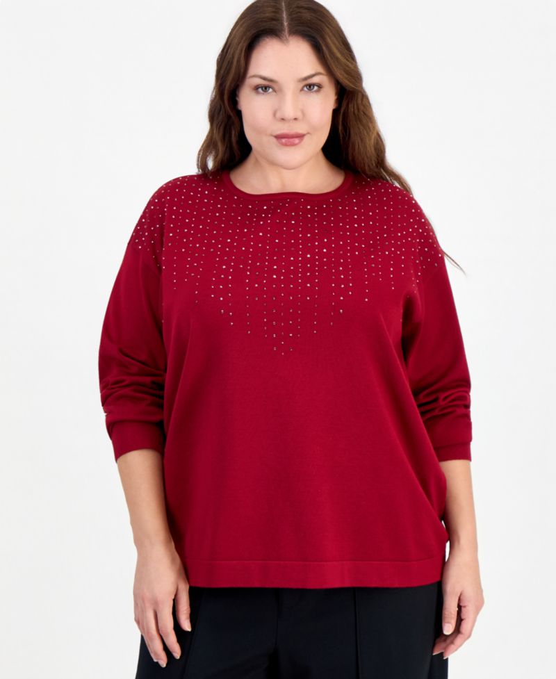 Plus Size Long-Sleeve Boat Neck Embellished Sweater