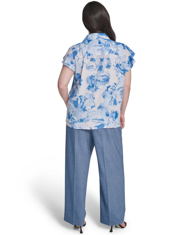 Plus Size Cap-Sleeve Ruffle-Front Collared Top