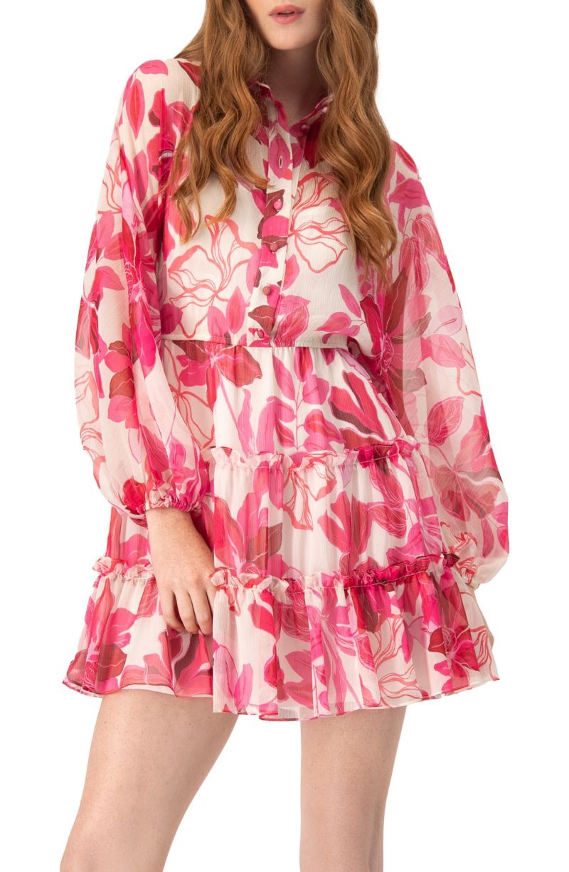 Women's Short Floral Print Shirt Dress with Long Sleeves