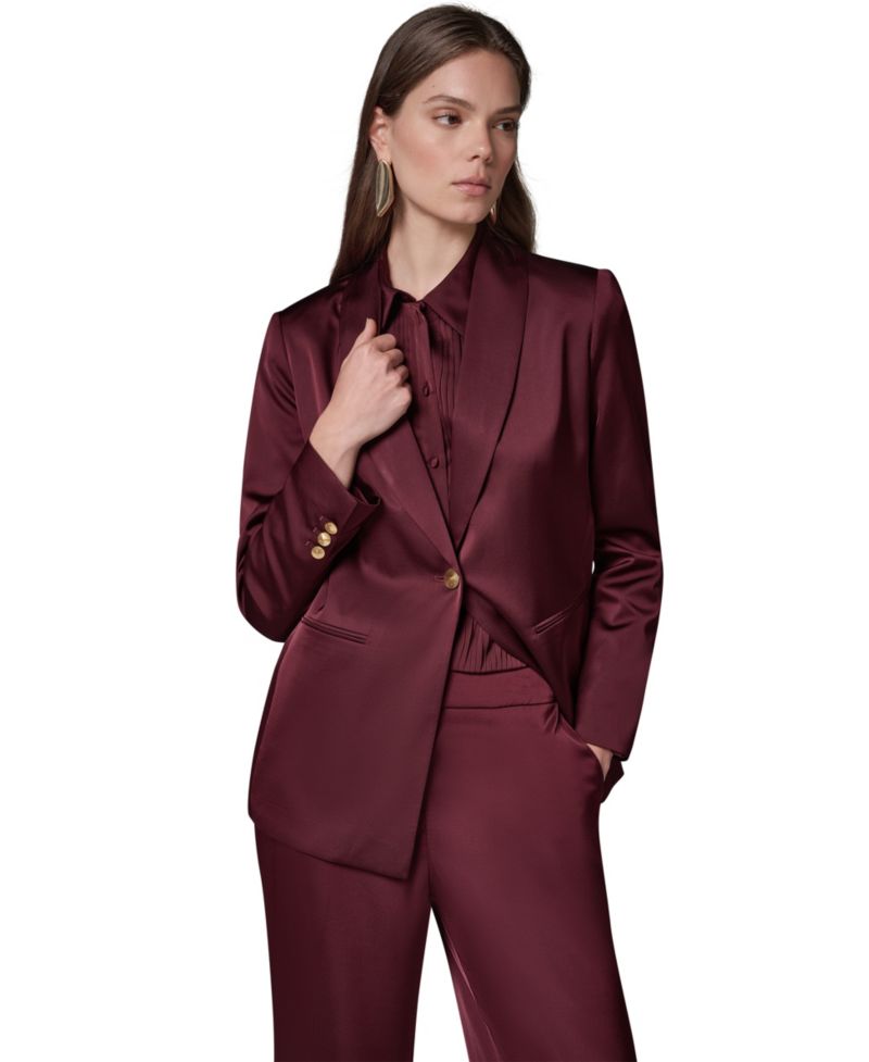 Petite Satin Shawl Lapel Shoulder-Padded Blazer