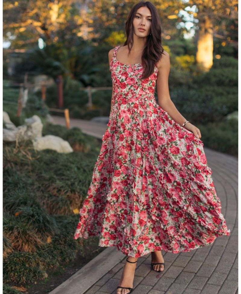 Women's Floral Cotton Ruffle Square Neck Ankle Dress