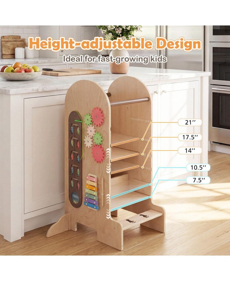 Kids 4-in-1 Adjustable Standing Tower with Chalkboard Slide and Montessori Games