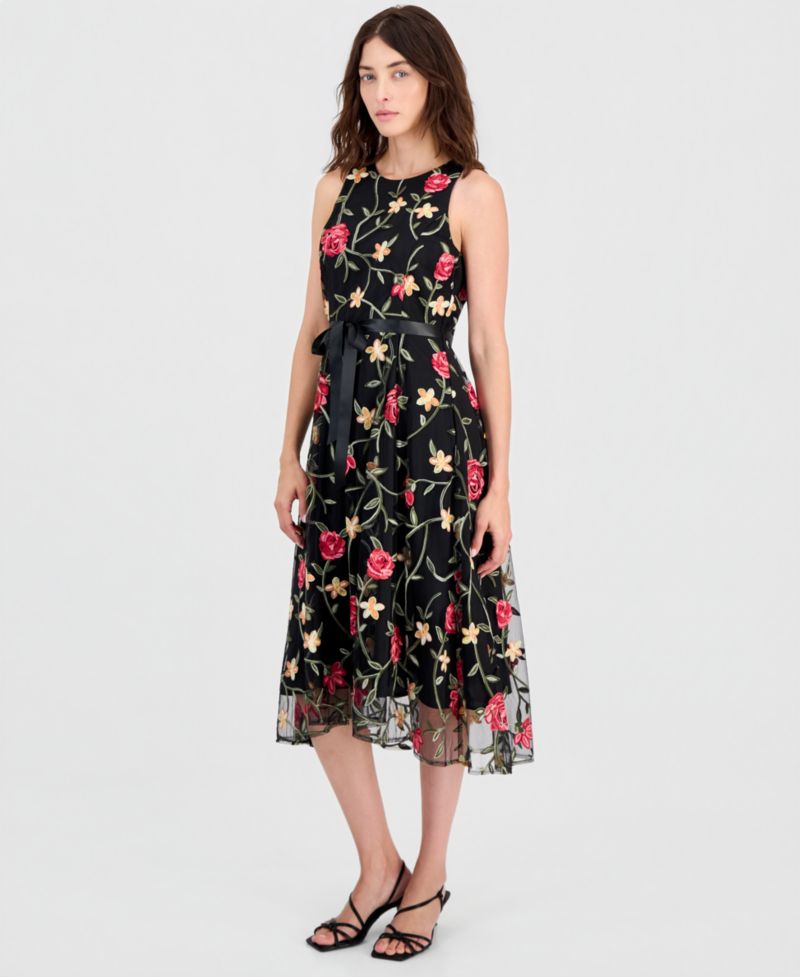 Women's Embroidered Belted Sleeveless Dress