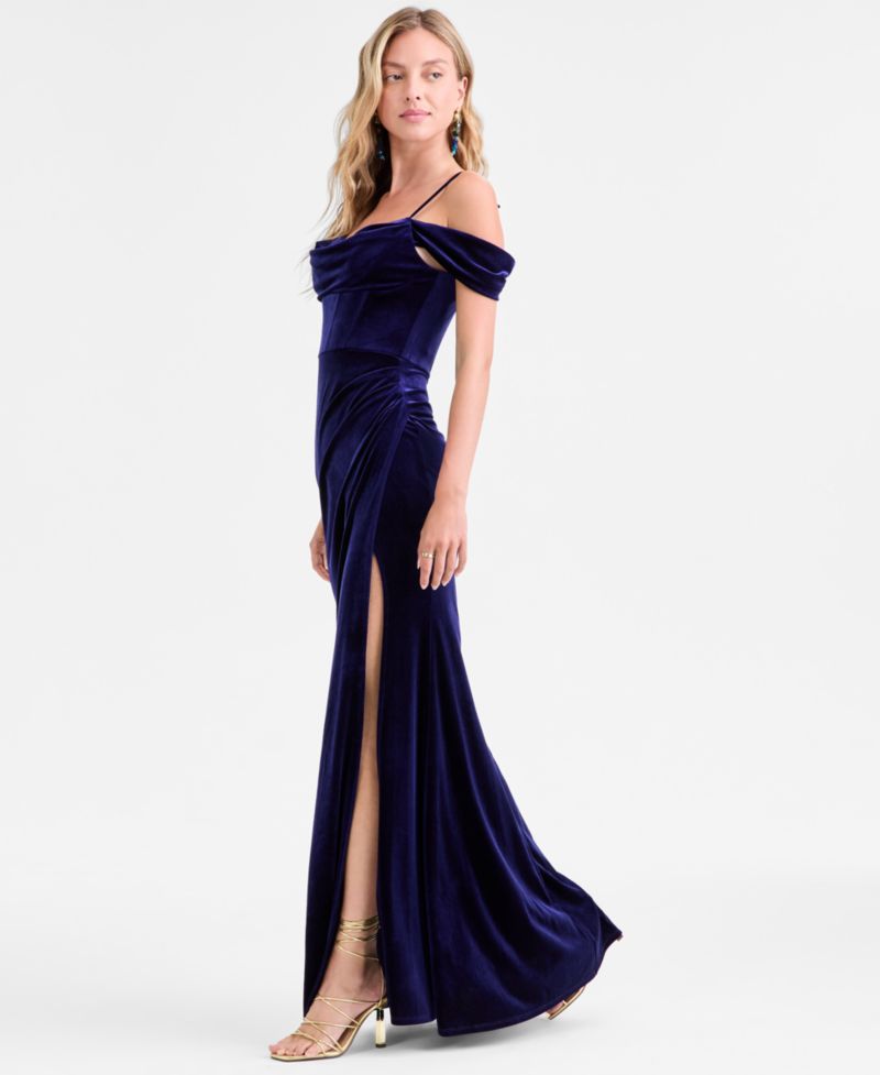 Juniors' Velvet Off-The-Shoulder Gown