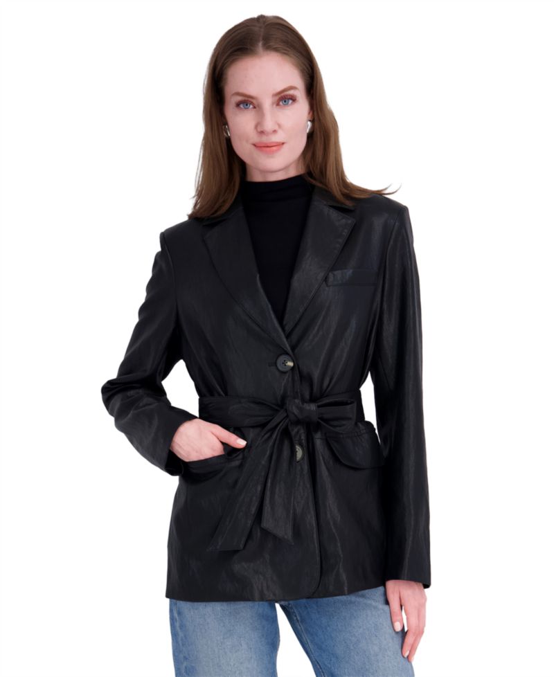 Women's Belted Faux Leather Trench Jacket