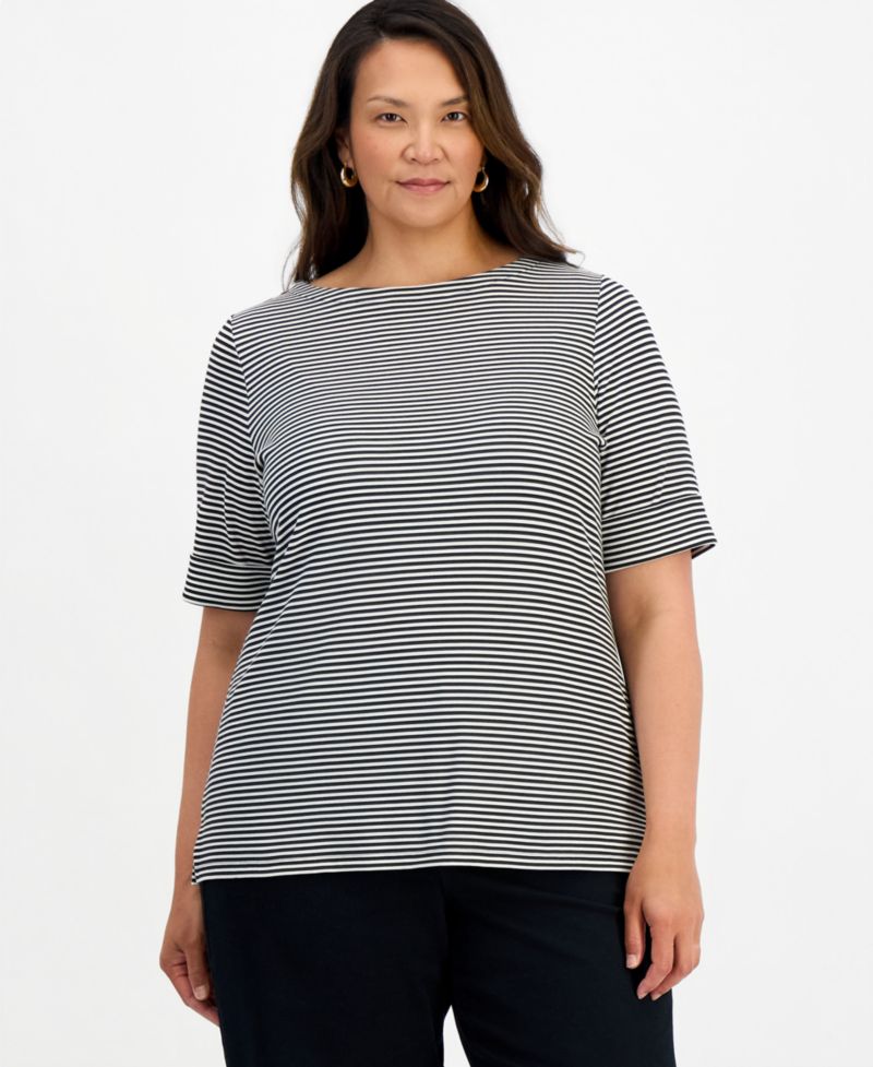 Petite Printed Elbow Sleeve Boatneck Top