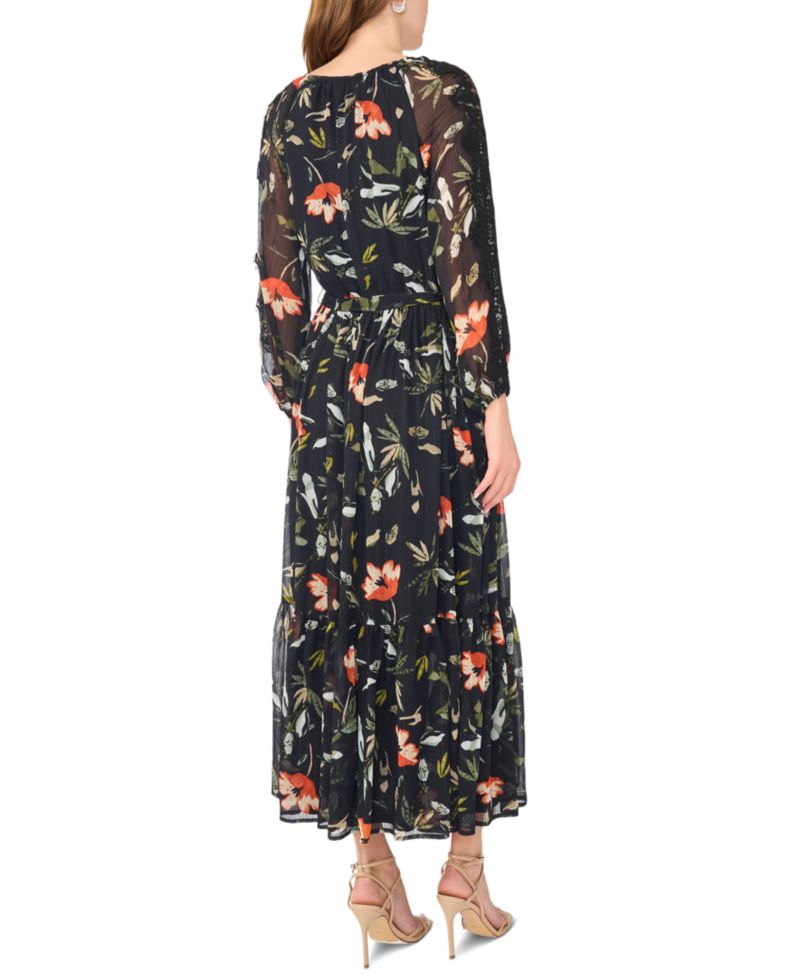 Women's Floral-Print Tiered Long-Sleeve Maxi Dress