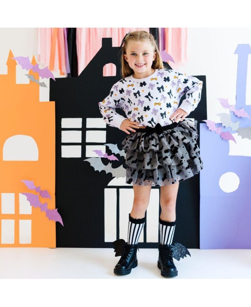 Little and Big Girls Flocked Bats Halloween Bow Tiered Tutu Skirt