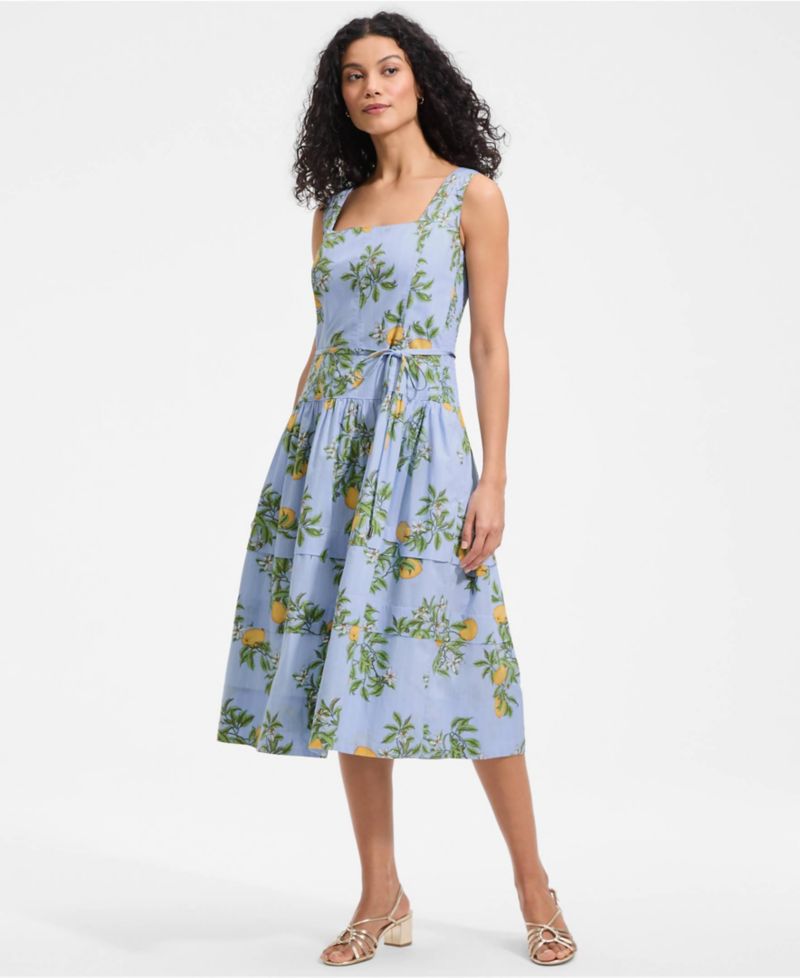 Women's Poplin Square Neck Midi Tie Waist Dress