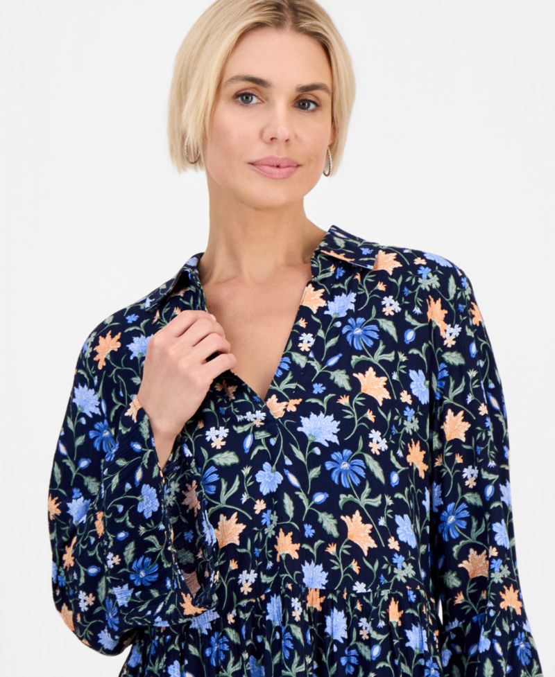 Petite Printed 3/4-Sleeve Tiered Shift Dress