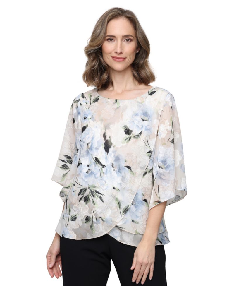 Women's Boat Neck Printed Burnout Chiffon Blouse