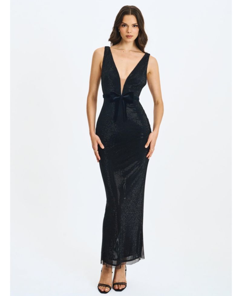 Women's Olympia Belted Bow Plunging Rhinestone Maxi Dress
