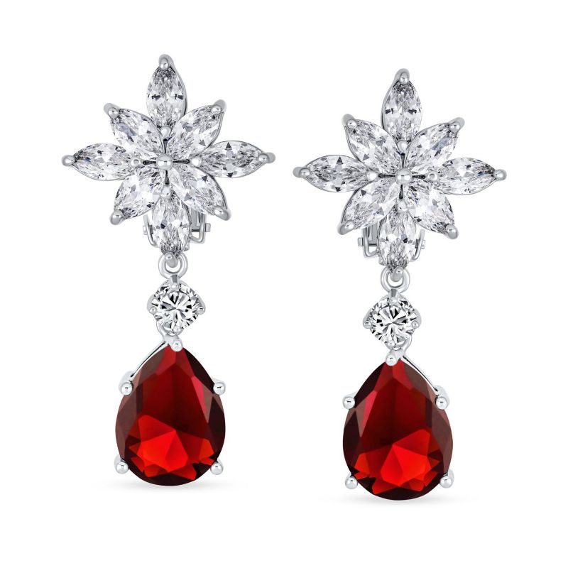 Floral Cluster Black CZ Dangle Teardrop Chandelier Clip On Earrings